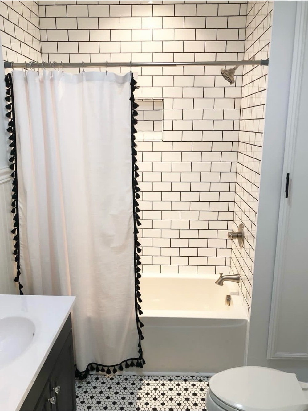 Echelon White Shower Curtain with Black Tassel Trim - Home Bath